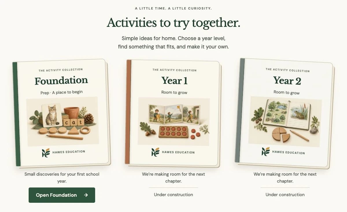 Hawes Education activity collection: Foundation available, Year 1 and Year 2 under construction.