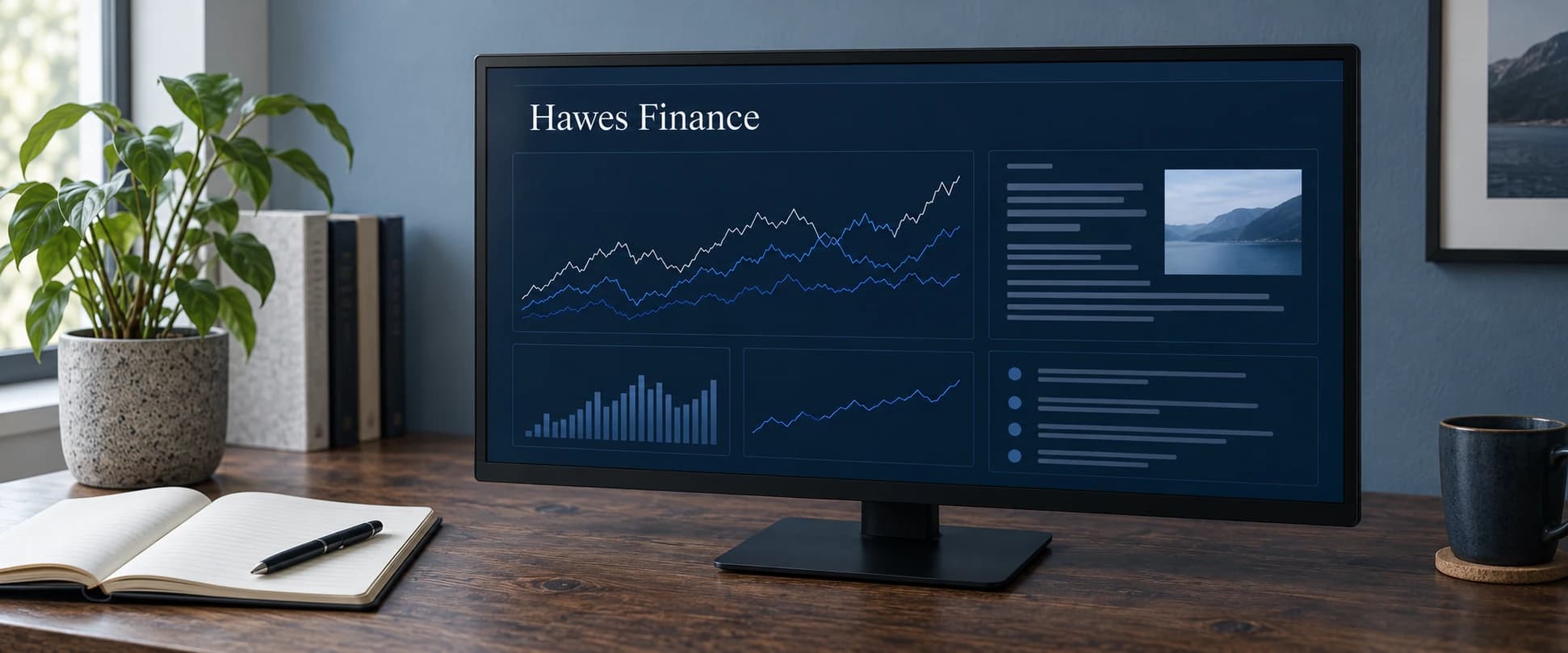 Illustrative Hawes Finance concept showing a research screen on a desktop monitor, with no account values.