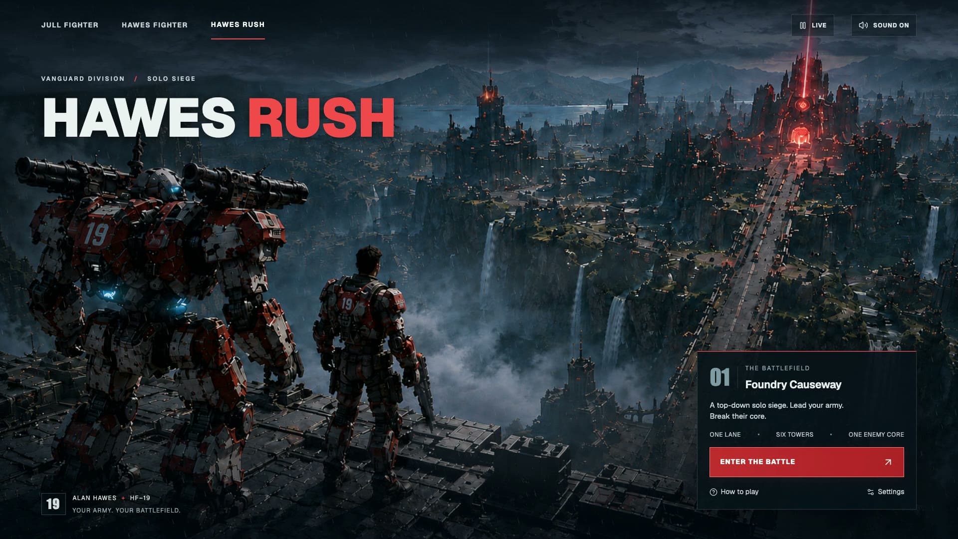 Hawes Rush cinematic menu with armoured characters overlooking a vast futuristic city.